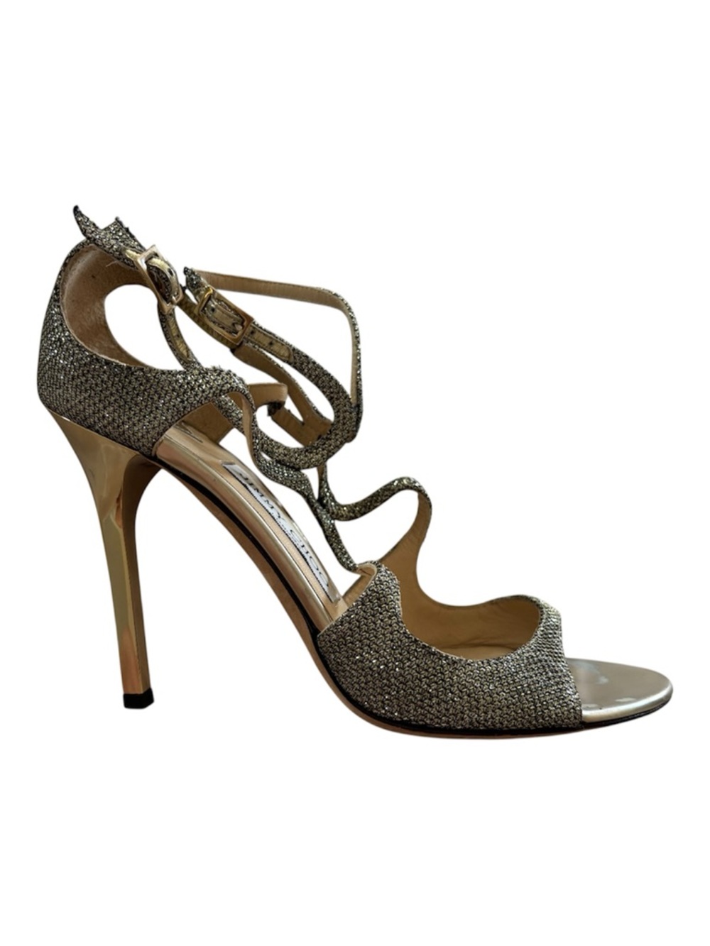 Jimmy Choo Lang Gold Glitter Strappy High Heel Sandals, Size 7 or 37